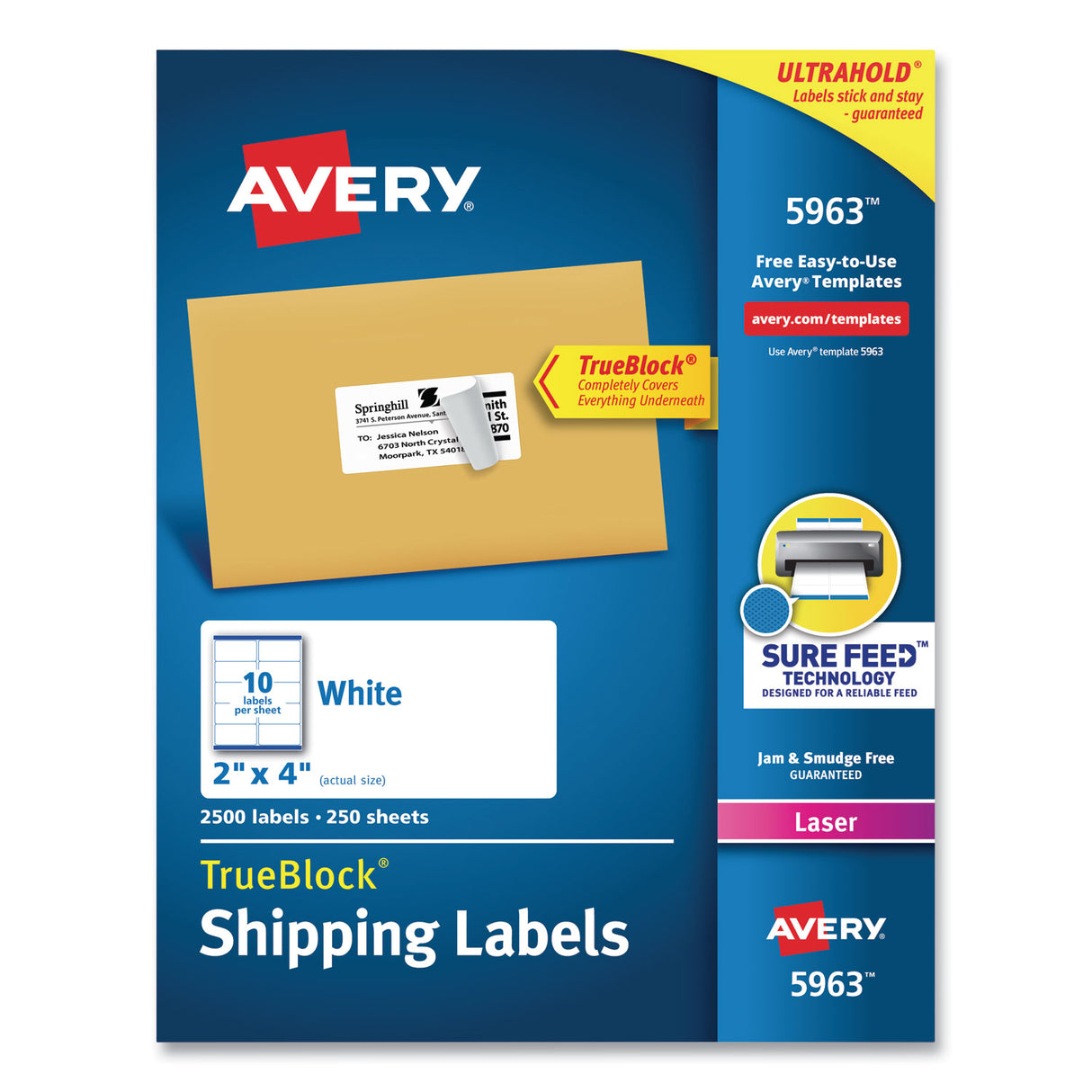 Avery Shipping Labels w/ TrueBlock Technology, Laser Printers, 2 x 4, White, 10/Sheet, 250 Sheets/Box (5963)