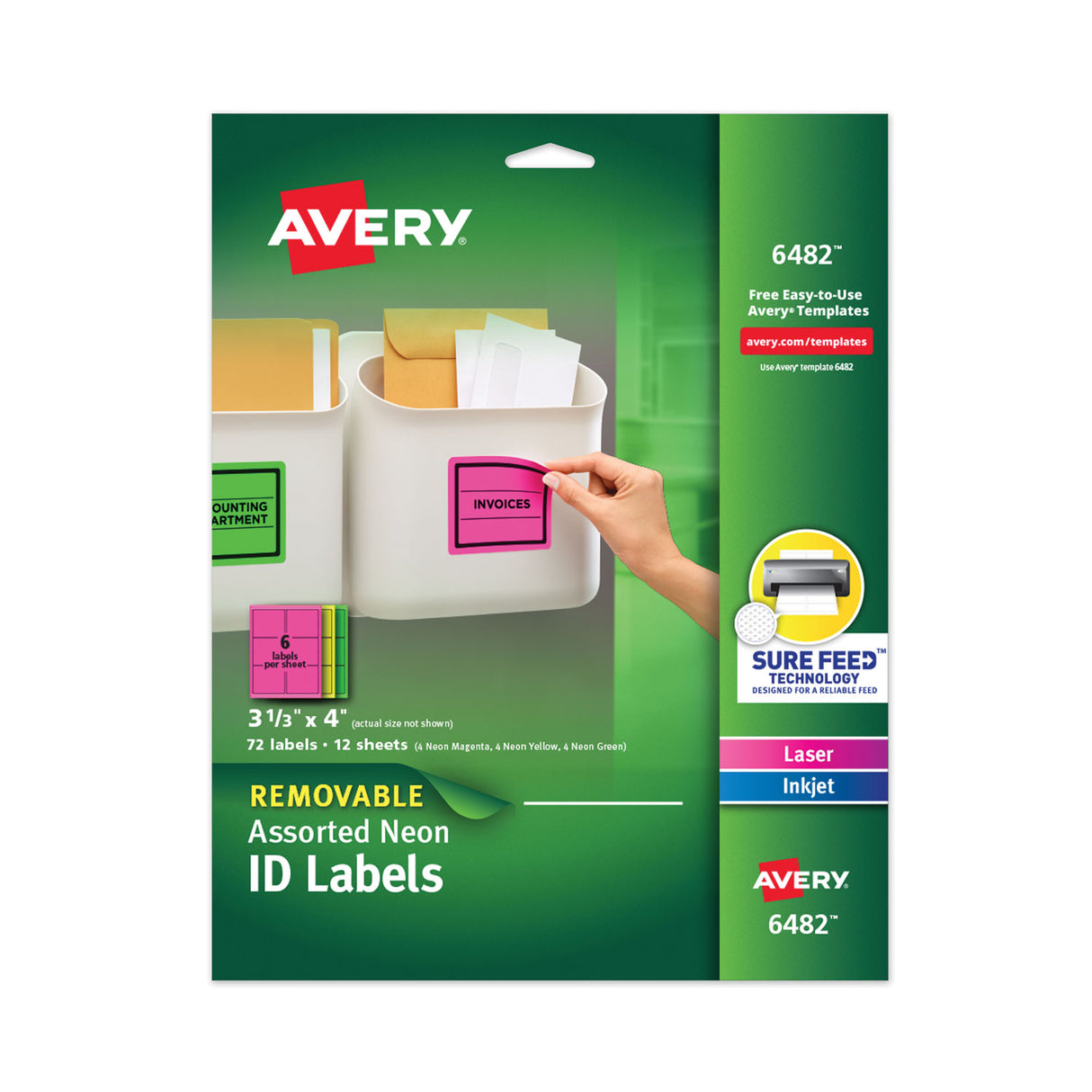 Avery High-Vis Removable Laser/Inkjet ID Labels w/ Sure Feed, 3.33 x 4, Neon, 72/PK (6482)