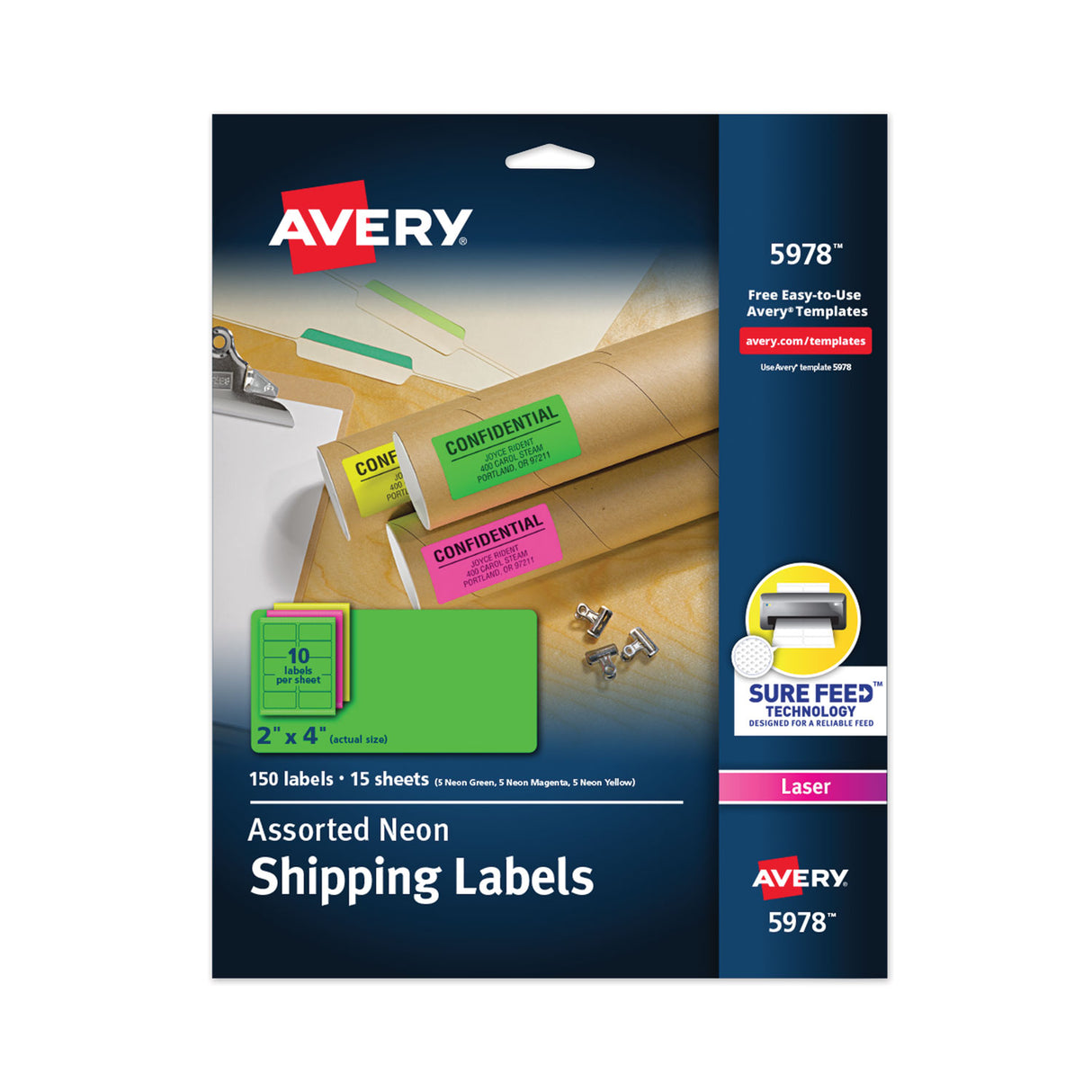 Avery High-Visibility Permanent Laser ID Labels, 2 x 4, Asst. Neon, 150/Pack (5978)