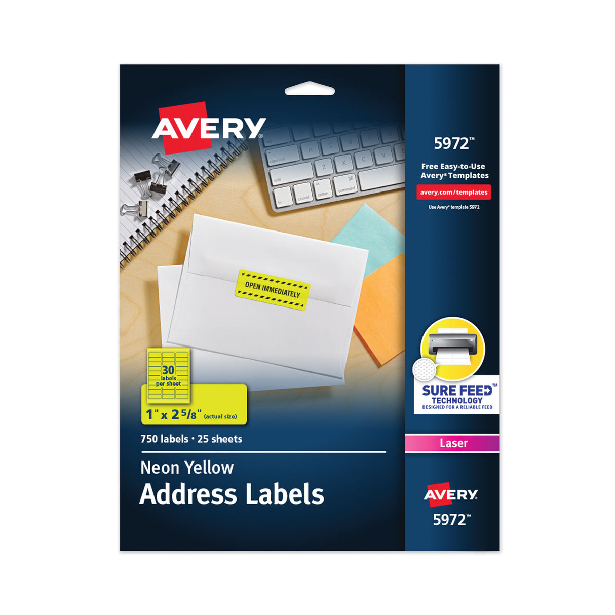 Avery High-Visibility Permanent Laser ID Labels, 1 x 2.63, Neon Yellow, 750/Pack (5972)
