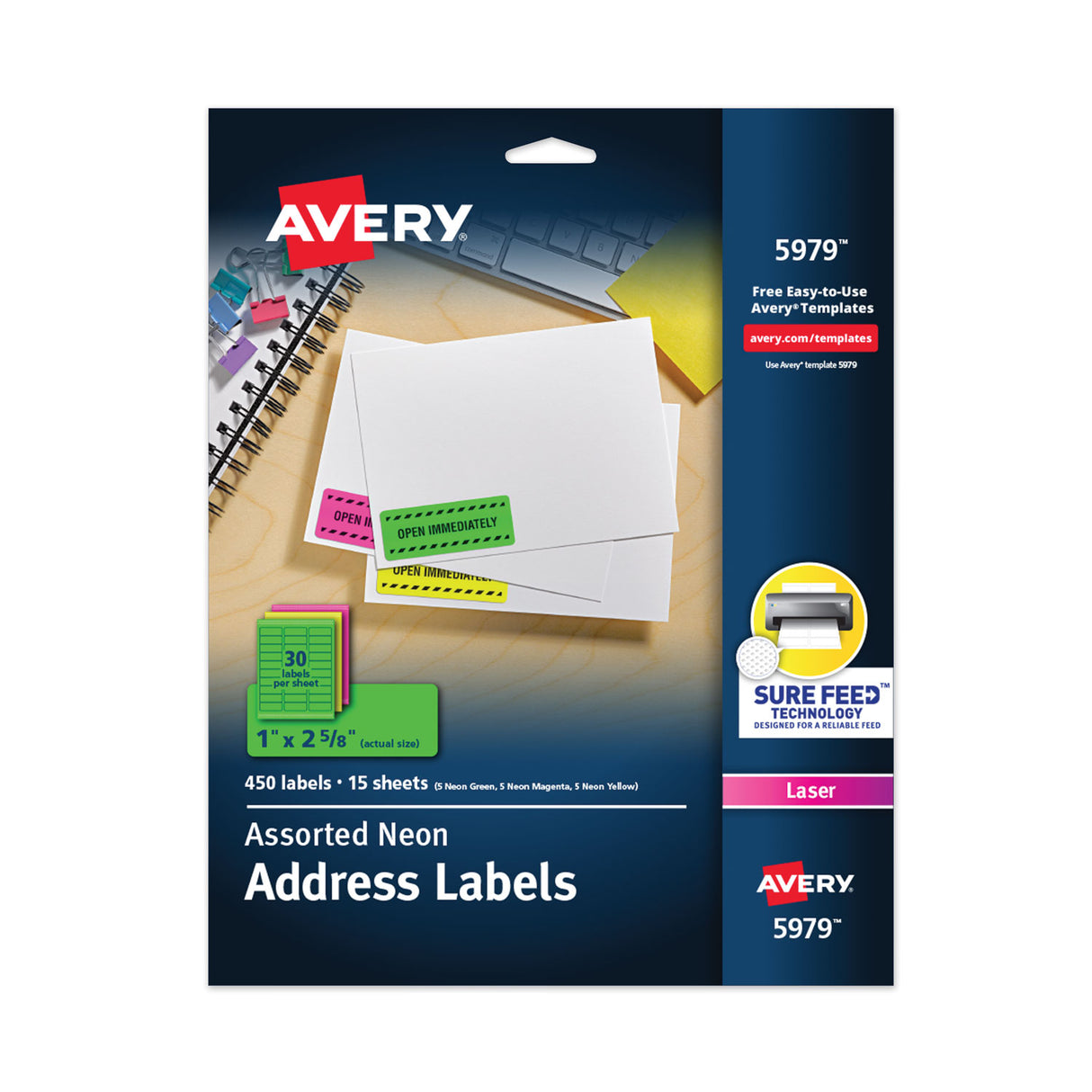 Avery High-Visibility Permanent Laser ID Labels, 1 x 2.63, Asst. Neon, 450/Pack (5979)