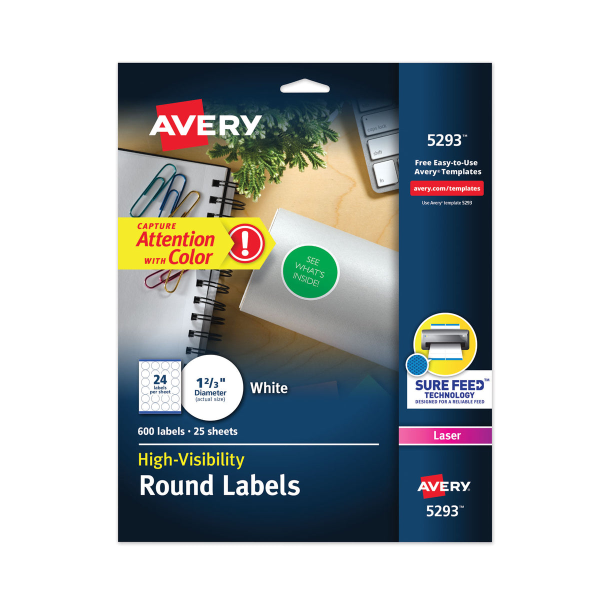 Avery Permanent Laser Print-to-the-Edge ID Labels w/SureFeed, 1.66" dia, White, 600/PK (5293)