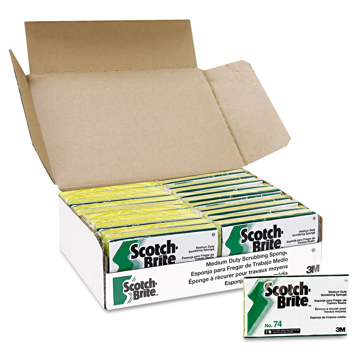 Scotch-Brite Medium-Duty Scrubbing Sponge, 3.6 x 6.1, 0.7" Thick, Yellow/Green, 20/Carton (74)