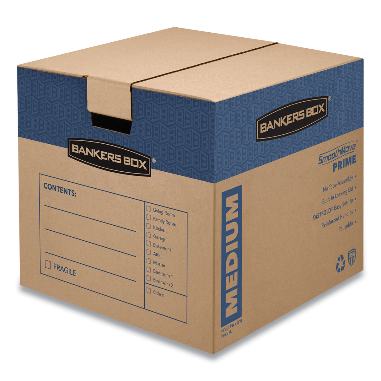 Bankers Box SmoothMove Prime Moving/Storage Boxes, Hinged Lid, Regular Slotted Container, Medium, 18" x 18" x 16", Brown/Blue, 8/Carton (0062801)