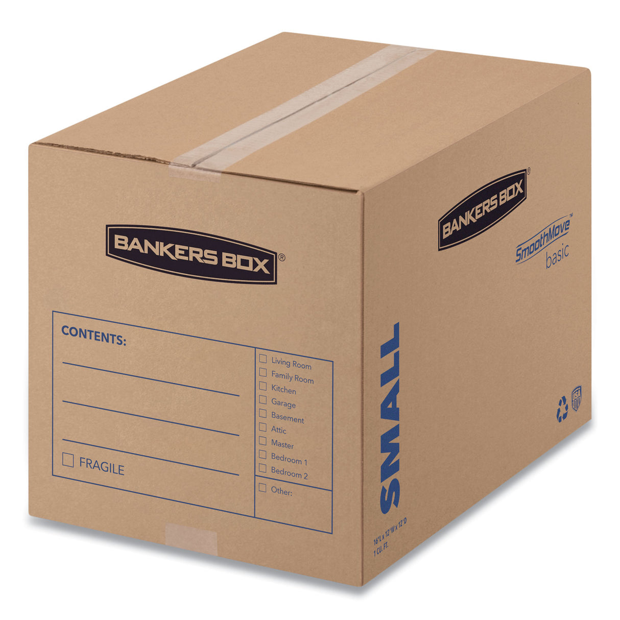 Bankers Box SmoothMove Basic Moving Boxes, Regular Slotted Container (RSC), Small, 12" x 16" x 12", Brown/Blue, 25/Bundle (7713801)