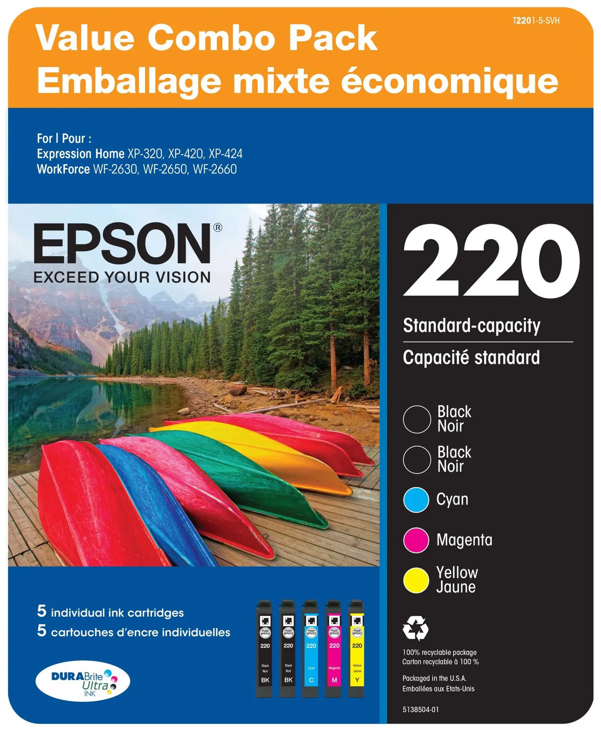 Epson T220 Combo Ink Pack (5-Pack) | Instant Ink Compatible Color Set Epson