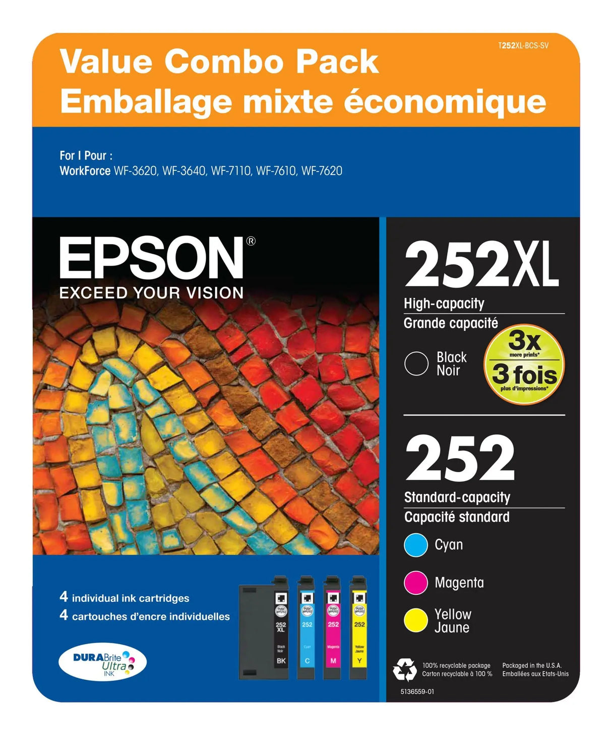 Epson T252XL Ink Pack (4-Pack) | Color Combo Replacement Cartridges Epson