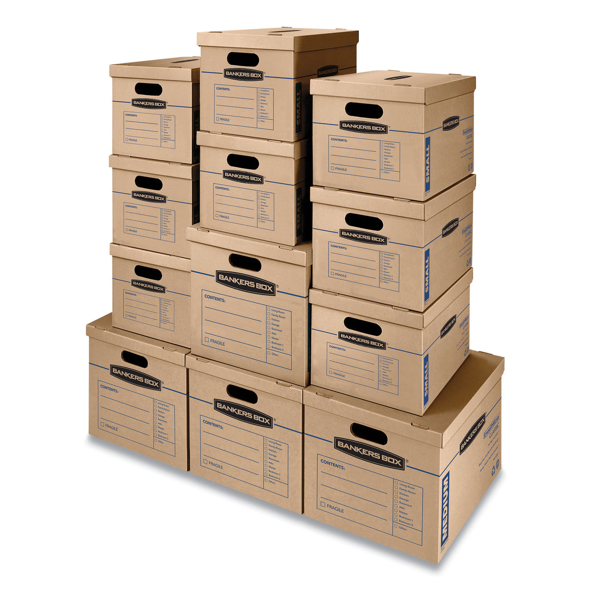Bankers Box SmoothMove Classic Moving/Storage Box Kit, Half Slotted Container (HSC), Assorted Sizes: (8) Small, (4) Med, Brown/Blue,12/CT (7716401)