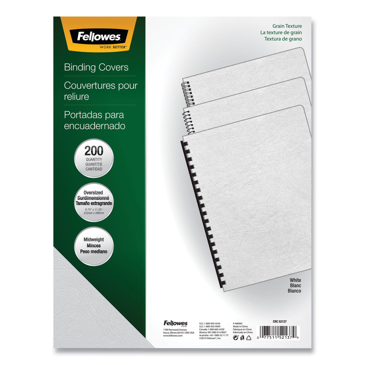 Fellowes Expressions Classic Grain Texture Presentation Covers for Binding Systems, White, 11.25 x 8.75, Unpunched, 200/Pack (52137)