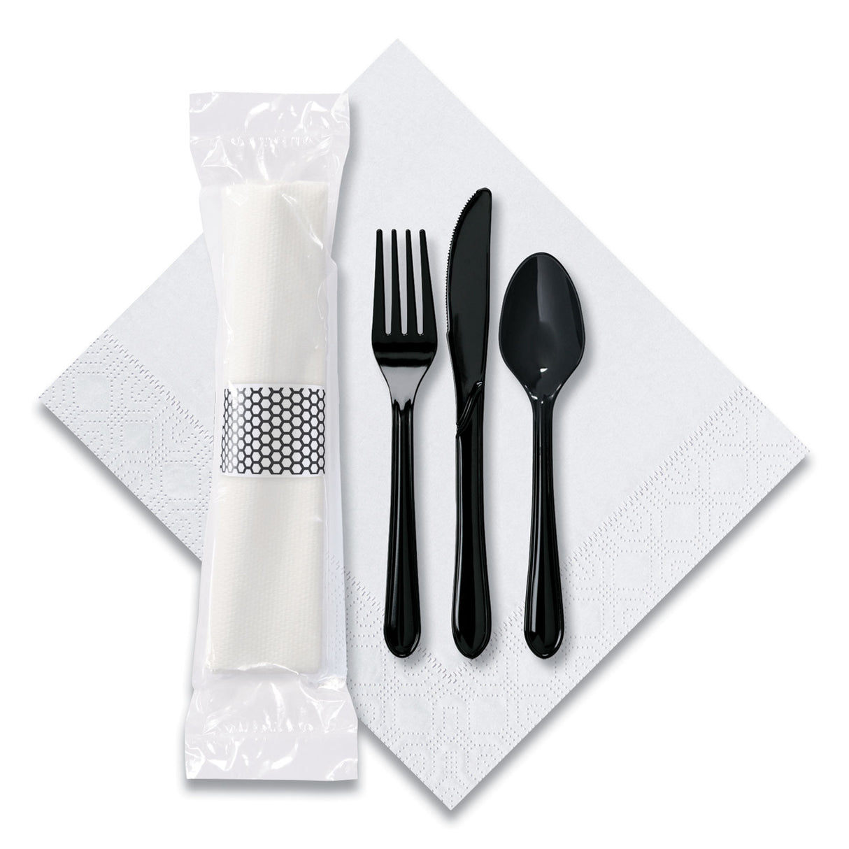Hoffmaster CaterWrap Cater to Go Express Cutlery Kit, Fork/Knife/Spoon/Napkin, Black, 100/Carton (119901)