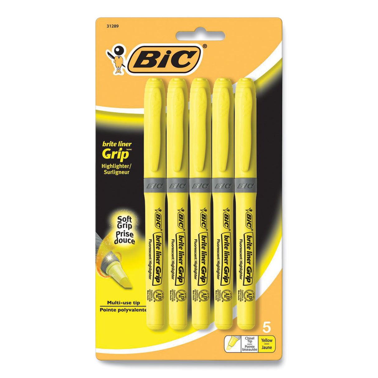 BIC Brite Liner Grip Pocket Highlighter, Fluorescent Yellow Ink, Chisel Tip, Yellow/Black/Silver Barrel, 5/Pack (31289)