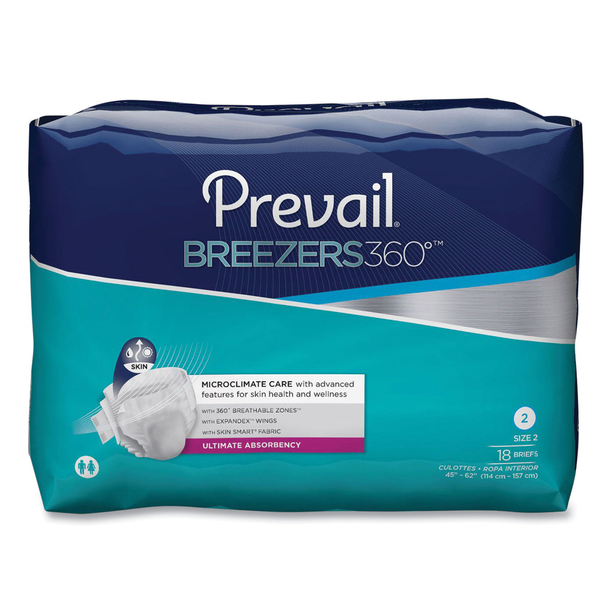 Prevail Breezers360 Degree Briefs, Ultimate Absorbency, Size 2, 45" to 62" Waist, 72/Carton (PVBNG013)