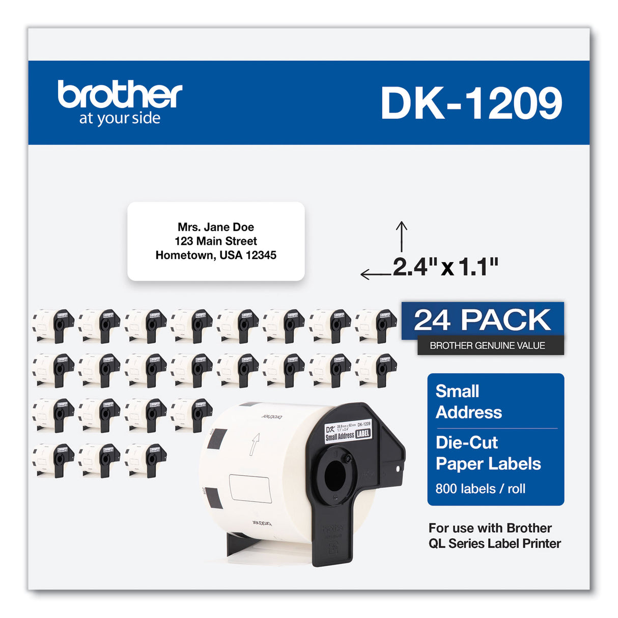 Brother Die-Cut Address Labels, 1.1 x 2.4, White, 800 Labels/Roll, 24 Rolls/Pack (DK120924PK)