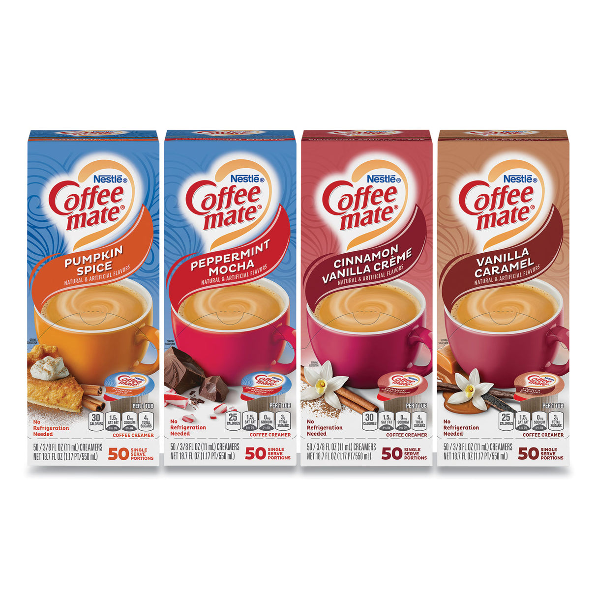 Coffee-mate Liquid Coffee Creamer, Cinnamon/Peppermint/Pumpkin/Vanilla, 0.38 oz Mini Cups, 50/Pack,4 Packs/Carton (70000093)