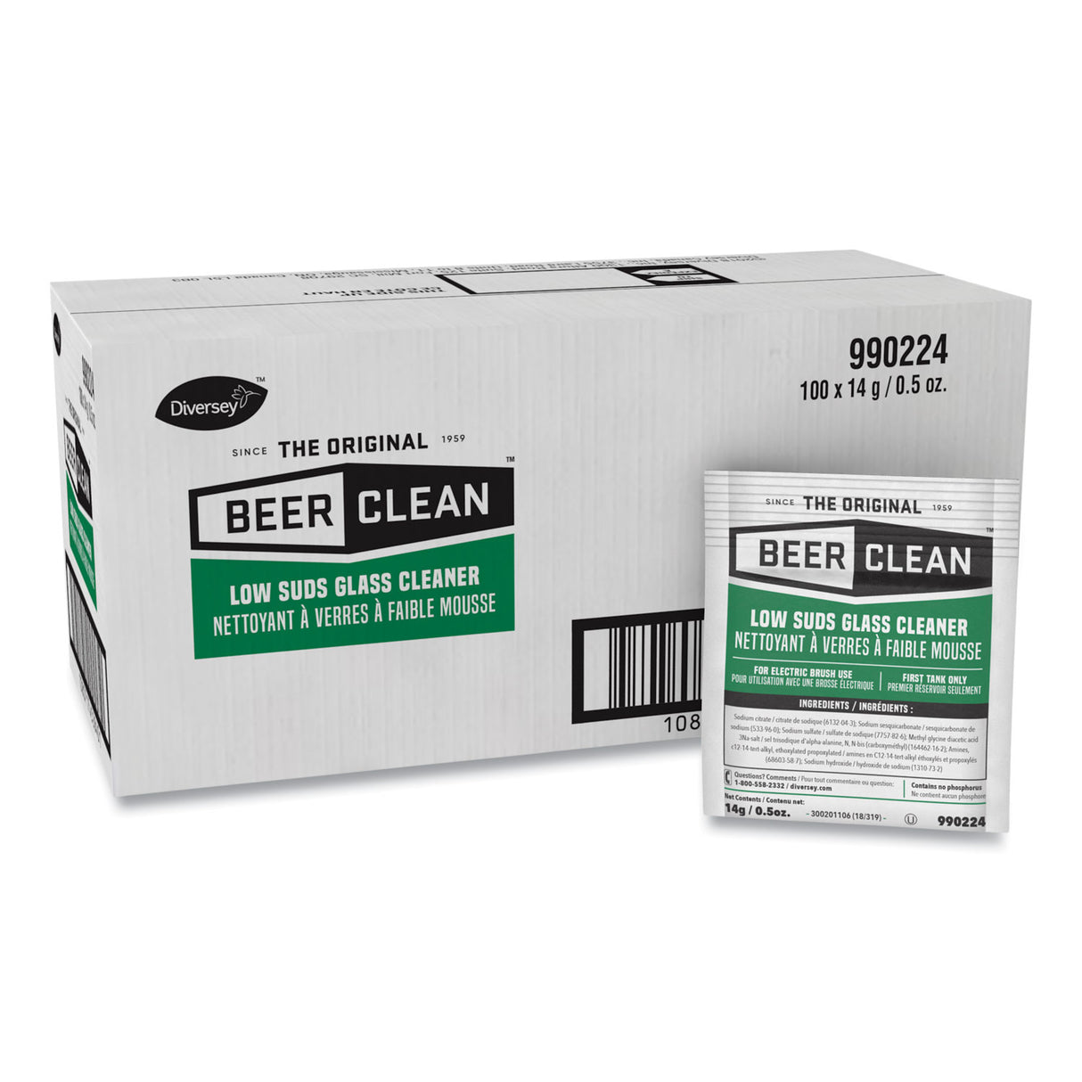 Diversey Beer Clean Glass Cleaner, Powder, 0.5 oz Packet, 100/Carton (990224)