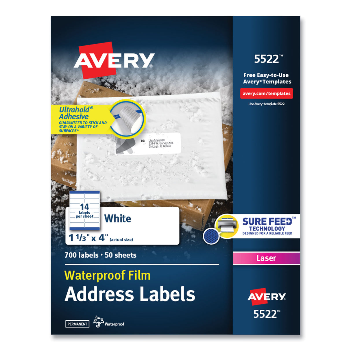 Avery Waterproof Address Labels with TrueBlock and Sure Feed, Laser Printers, 1.33 x 4, White, 14/Sheet, 50 Sheets/Pack (5522)