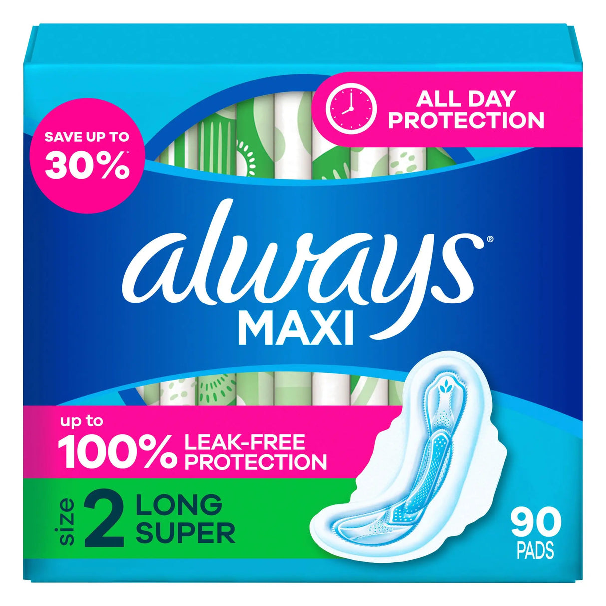 Always Long & Super Maxi Pads (90 ct) | Unscented Flexi-Wings for Secure Protection Always