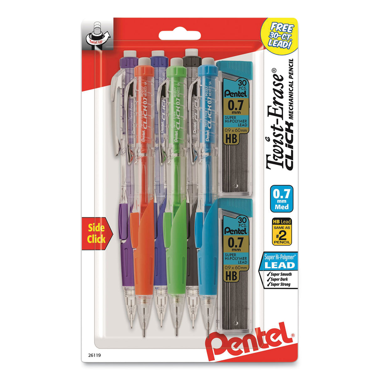 Pentel Twist-Erase CLICK Mechanical Pencil, 0.7 mm, HB (#2), Black Lead, Assorted Barrel Colors, 6/Pack (PD277TLBPS6M)