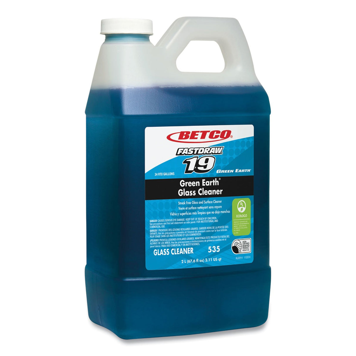 Betco Fastdraw 19 Green Earth Glass Cleaner, Pleasant Scent, 2 L Bottle, 4/Carton (5354700)