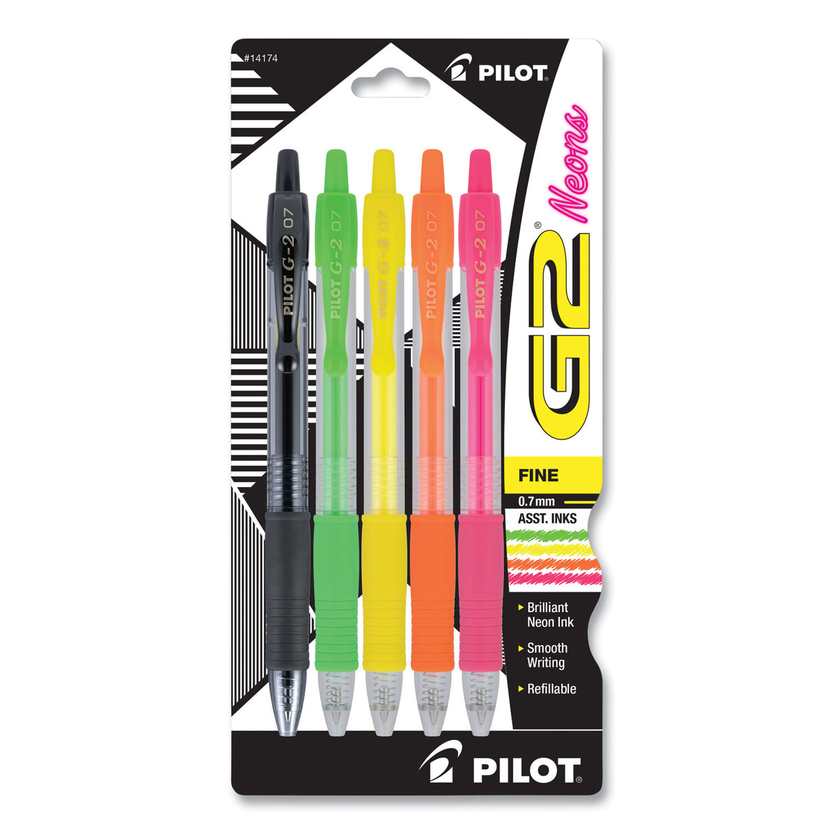 Pilot G2 Neon Gel Pen, Retractable, Fine 0.7 mm, Assorted Neon Ink and Barrel Colors, 5/Pack (14174)
