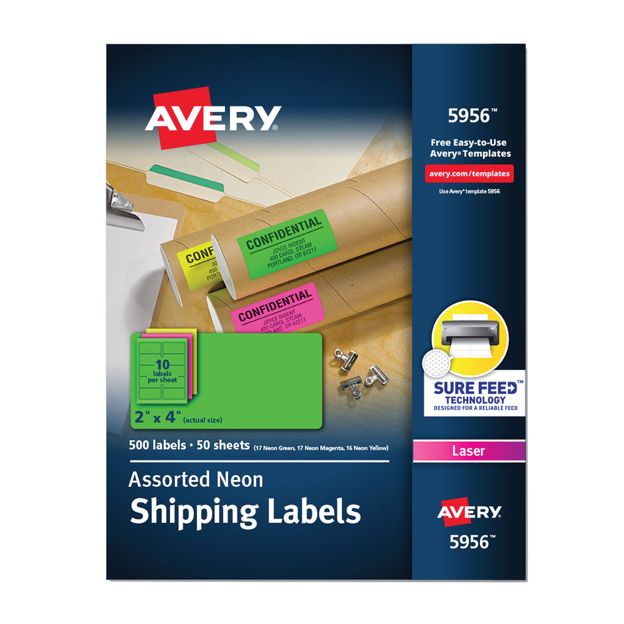 Avery High-Visibility Permanent Laser ID Labels, 2 x 4, Neon Assorted, 500/Pack (5956)