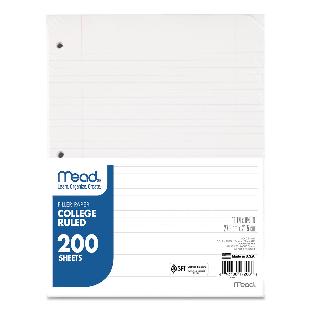 Mead Filler Paper, 3-Hole, 8.5 x 11, College Rule, 200/Pack (17208)