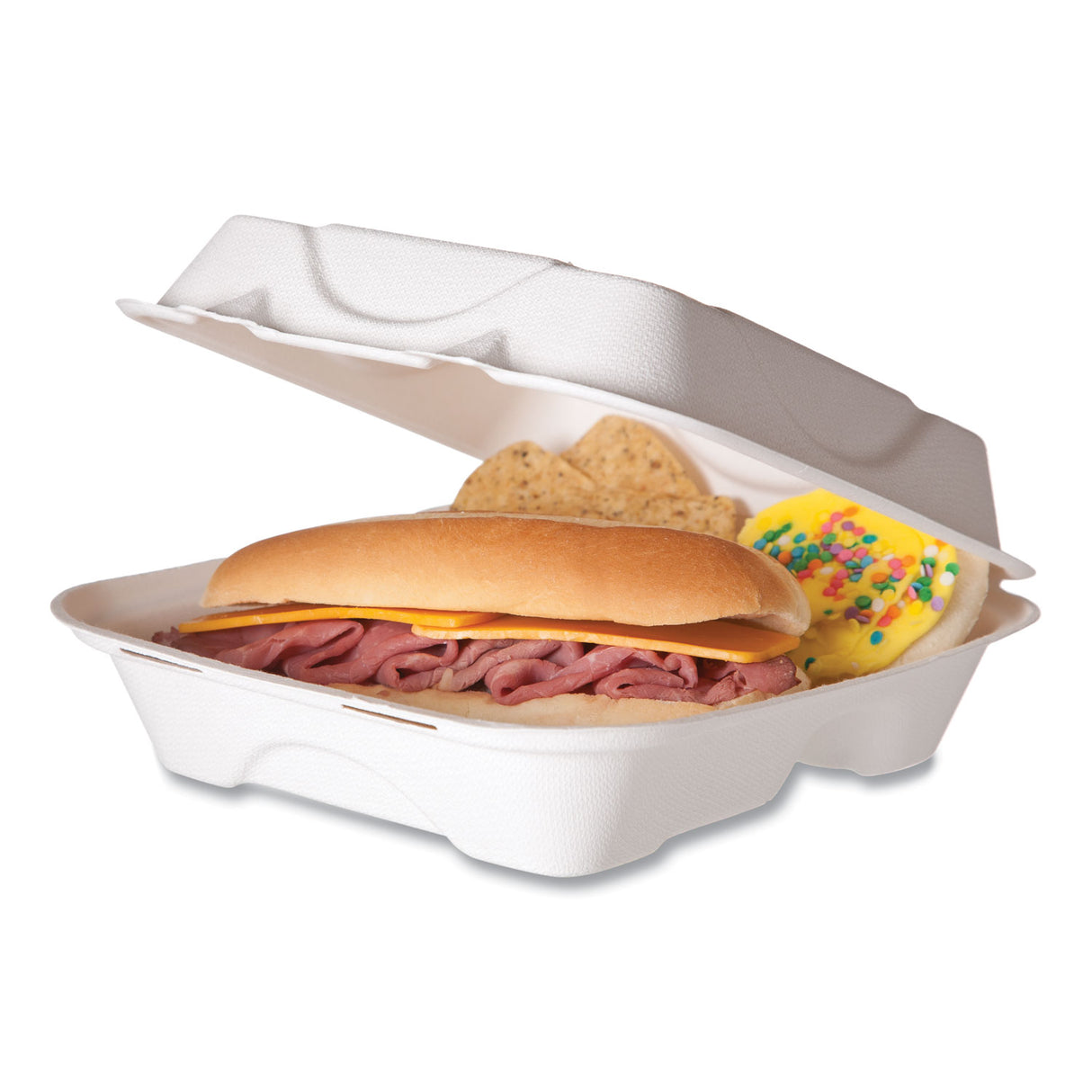 Eco-Products Renewable and Compostable Sugarcane Clamshells, 3-Compartment, 8 x 8 x 3, White, 50/Pack, 4 Packs/Carton (EPHC83)