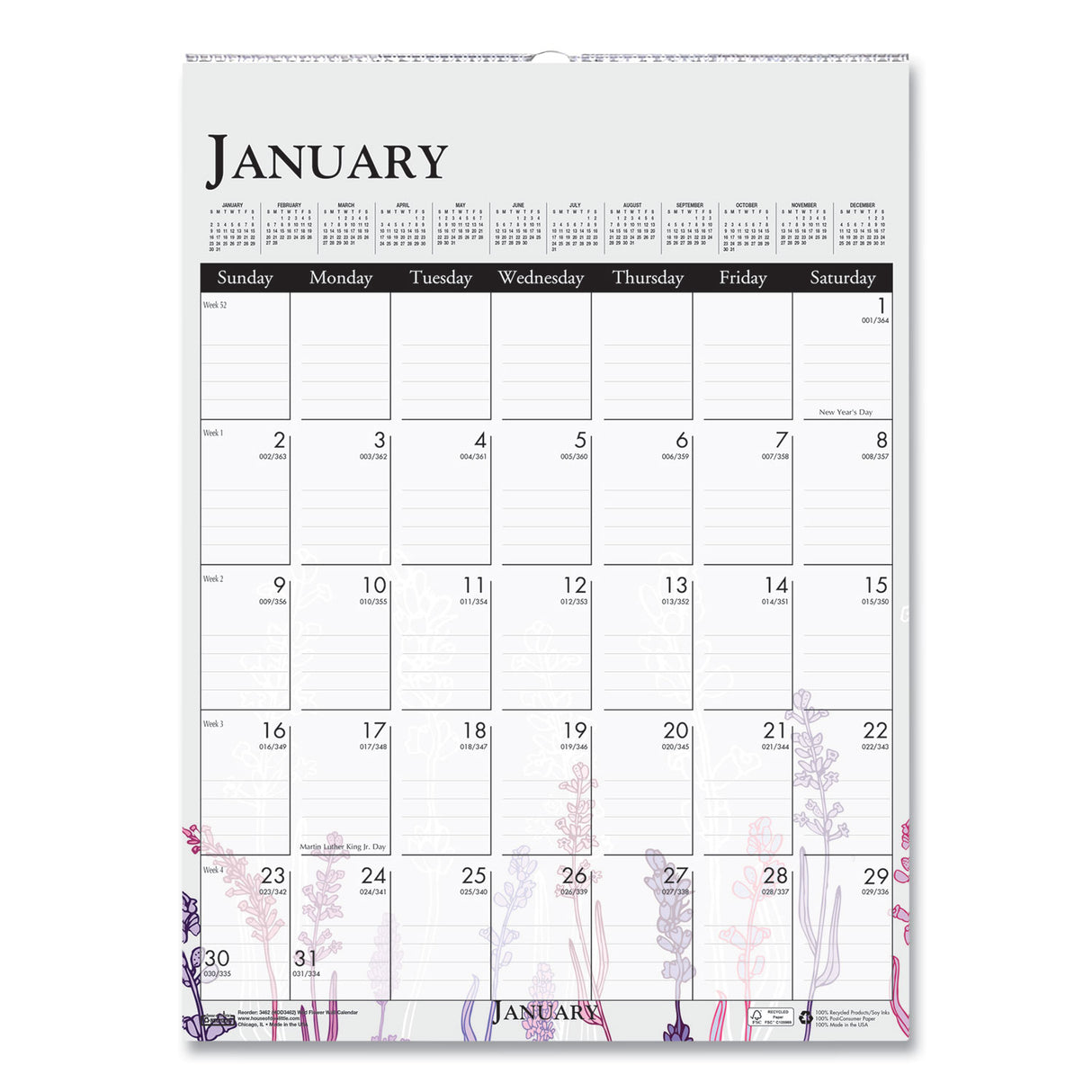 House of Doolittle Recycled Wild Flower Wall Calendar, Wild Flowers Artwork, 12 x 16.5, White/Multicolor Sheets, 12-Month (Jan to Dec): 2025 (3462)