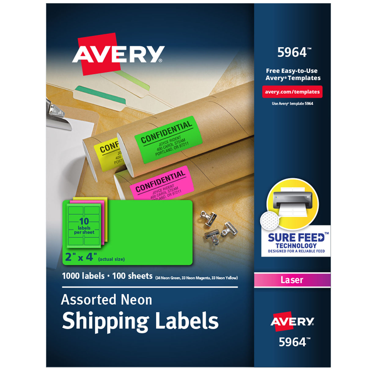 Avery High-Visibility Permanent Laser ID Labels, 2 x 4, Neon Assorted, 1000/Box (5964)