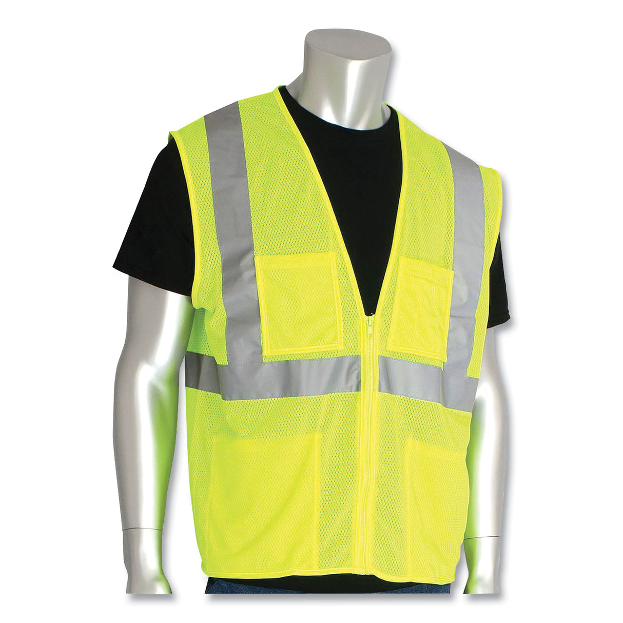 PIP ANSI Class 2 Four Pocket Zipper Safety Vest, Polyester Mesh, 5X-Large, Hi-Viz Lime Yellow (MVGZ4PLY5X)