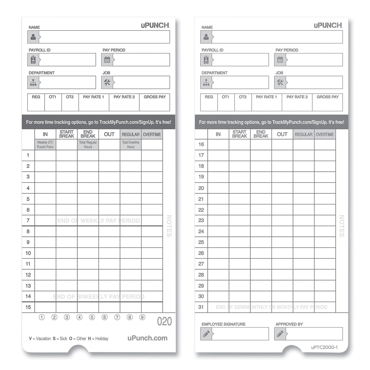 Time Clock Cards for uPunch HN4000, Two Sides, 7.37 x 3.37, 50/Pack (HNTCL2050)