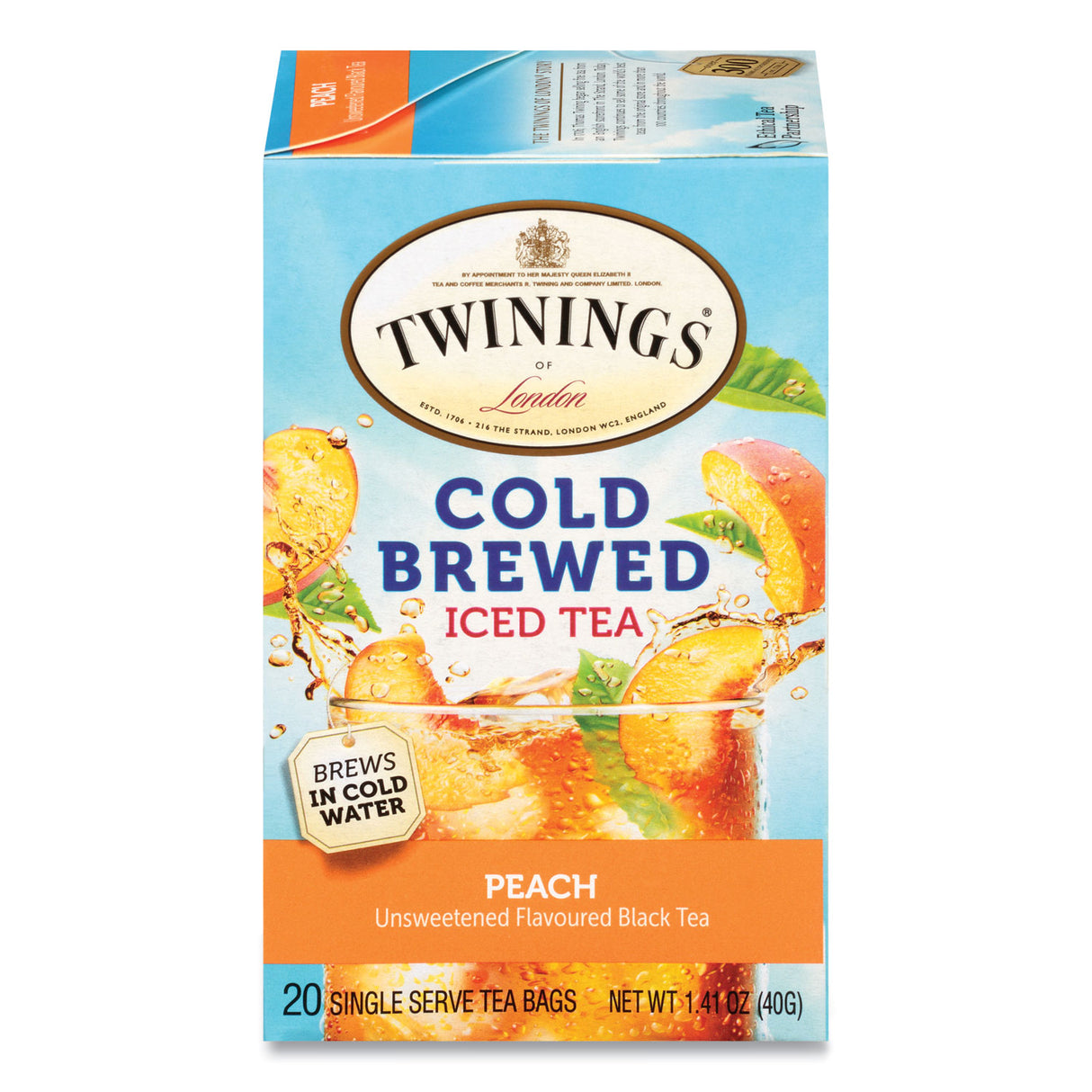 TWININGS Cold Brew Iced Tea Bags, Peach, 0.07 oz Tea Bag, 20/Box (51816)
