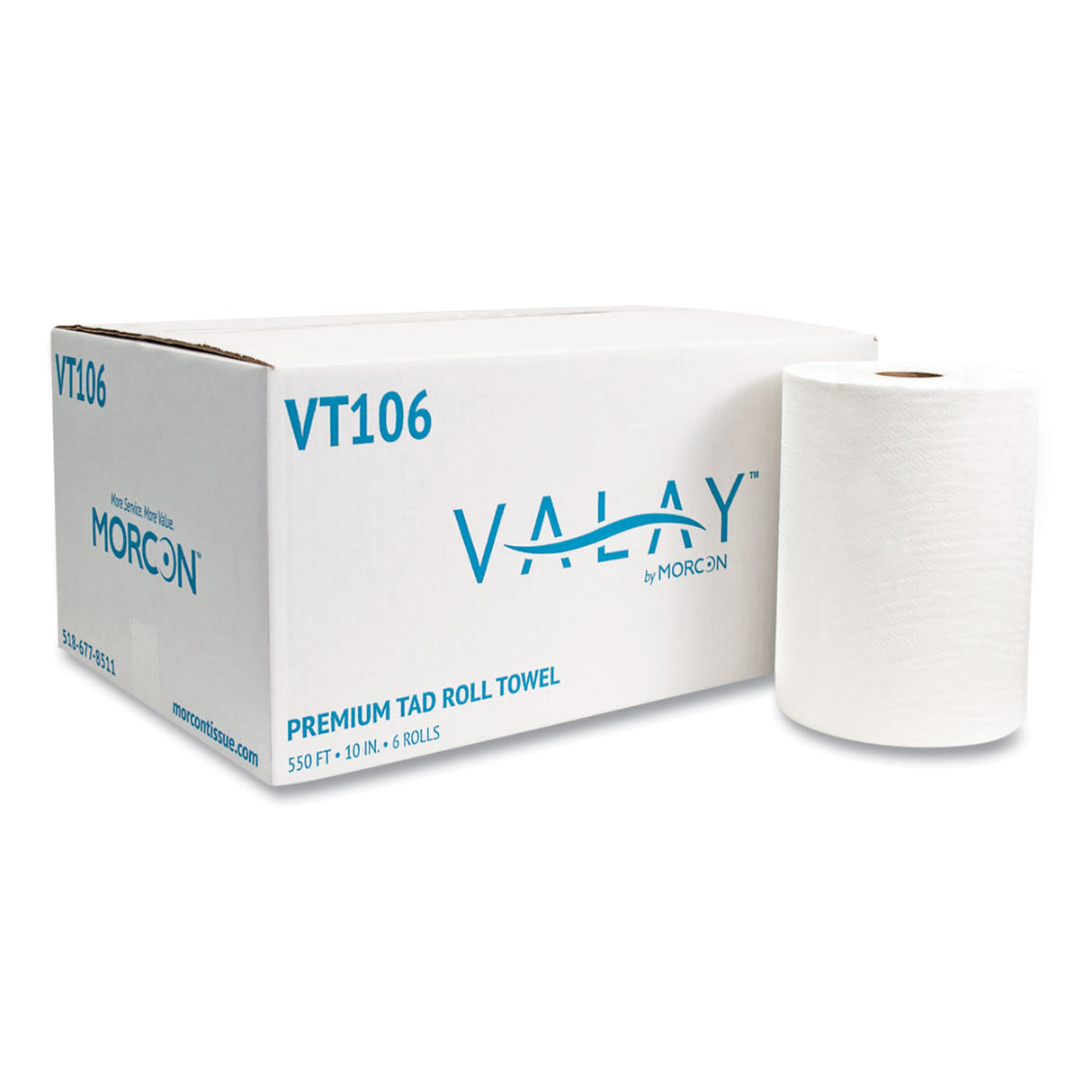 Morcon Paper 10 Inch TAD Roll Towels, 1-Ply, 10" x 550 ft, White, 6 Rolls/Carton (VT106)