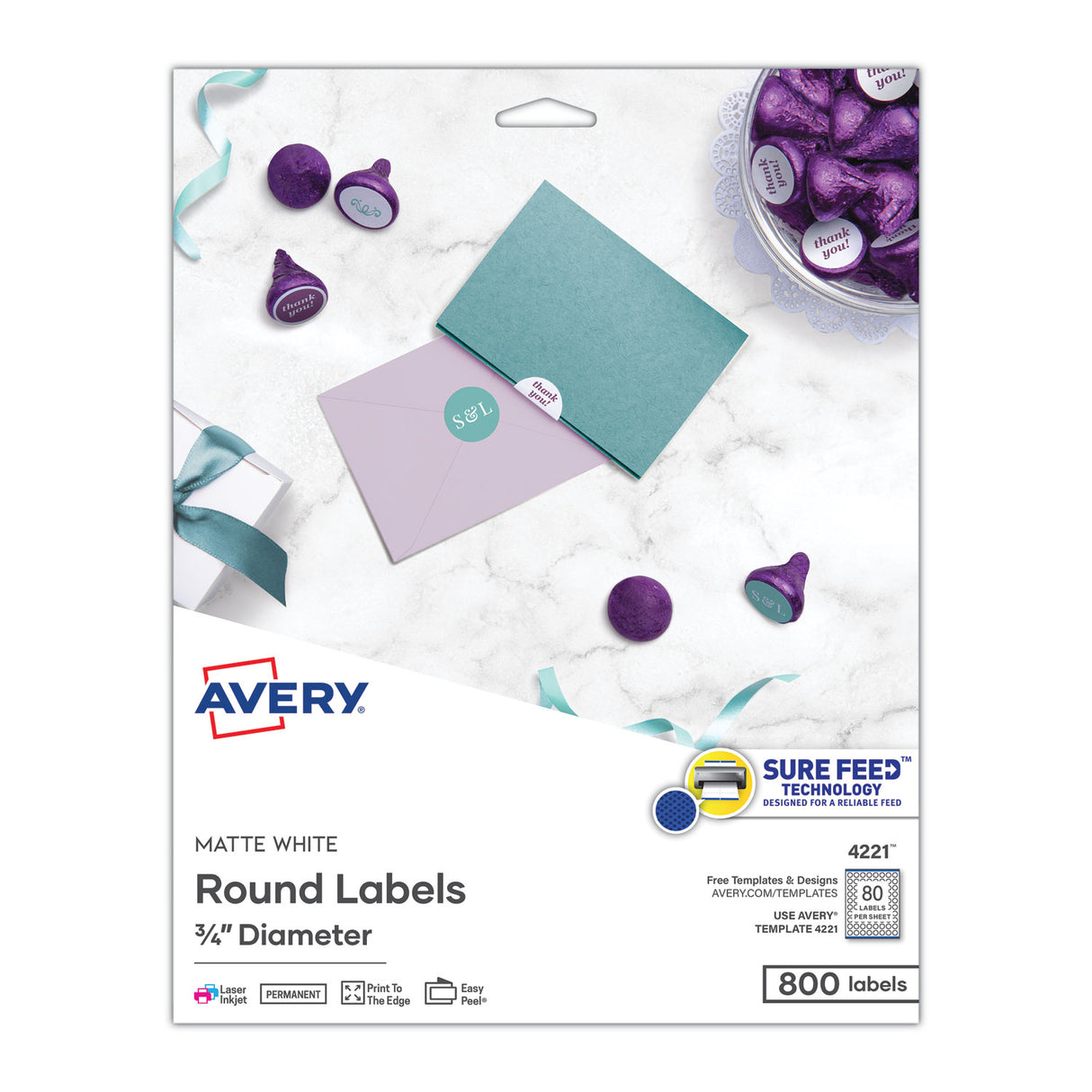 Avery Printable Self-Adhesive Permanent ID Labels w/Sure Feed, 0.75" dia, White 800/PK (4221)