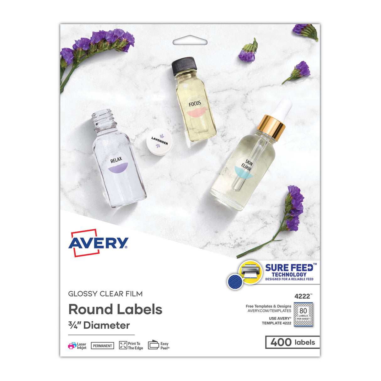 Avery Printable Self-Adhesive Permanent ID Labels w/Sure Feed, 0.75" dia, Clear, 400/PK (4222)