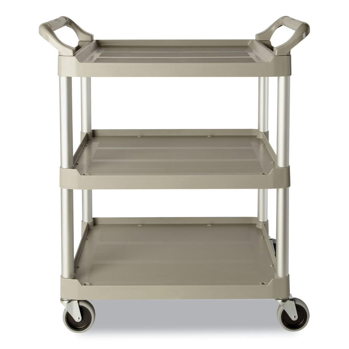 Rubbermaid Commercial Three-Shelf Service Cart, Plastic, 3 Shelves, 200 lb Capacity, 18.63" x 33.63" x 37.75", Platinum (342488PM)