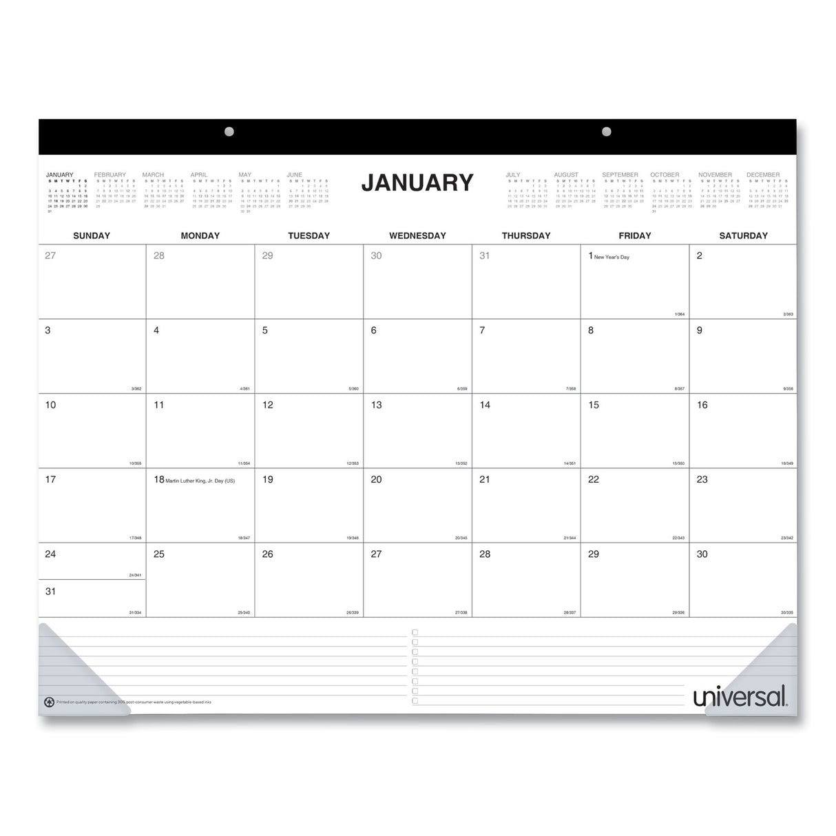 Universal Desk Pad Calendar, 22 x 17, White Sheets, Black Binding, Clear Corners, 12-Month (Jan to Dec): 2025 (UNV71002)
