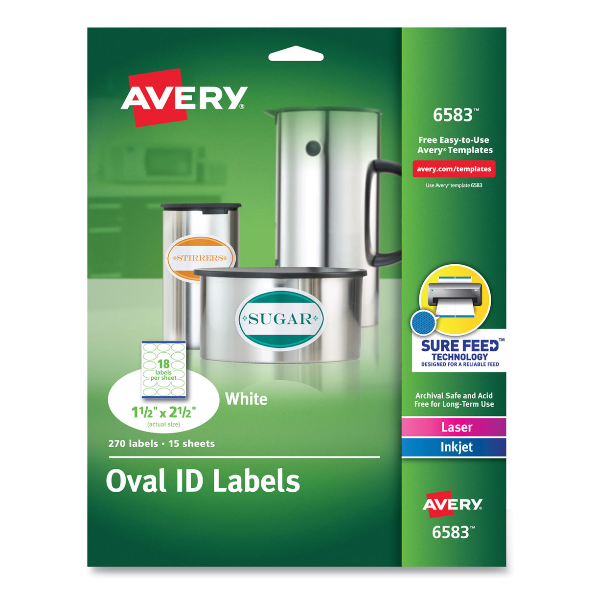 Avery Oval Print-to-the-Edge Labels, 1.5 x 2.5, White, 18/Sheet, 15 Sheets/Pack (6583)