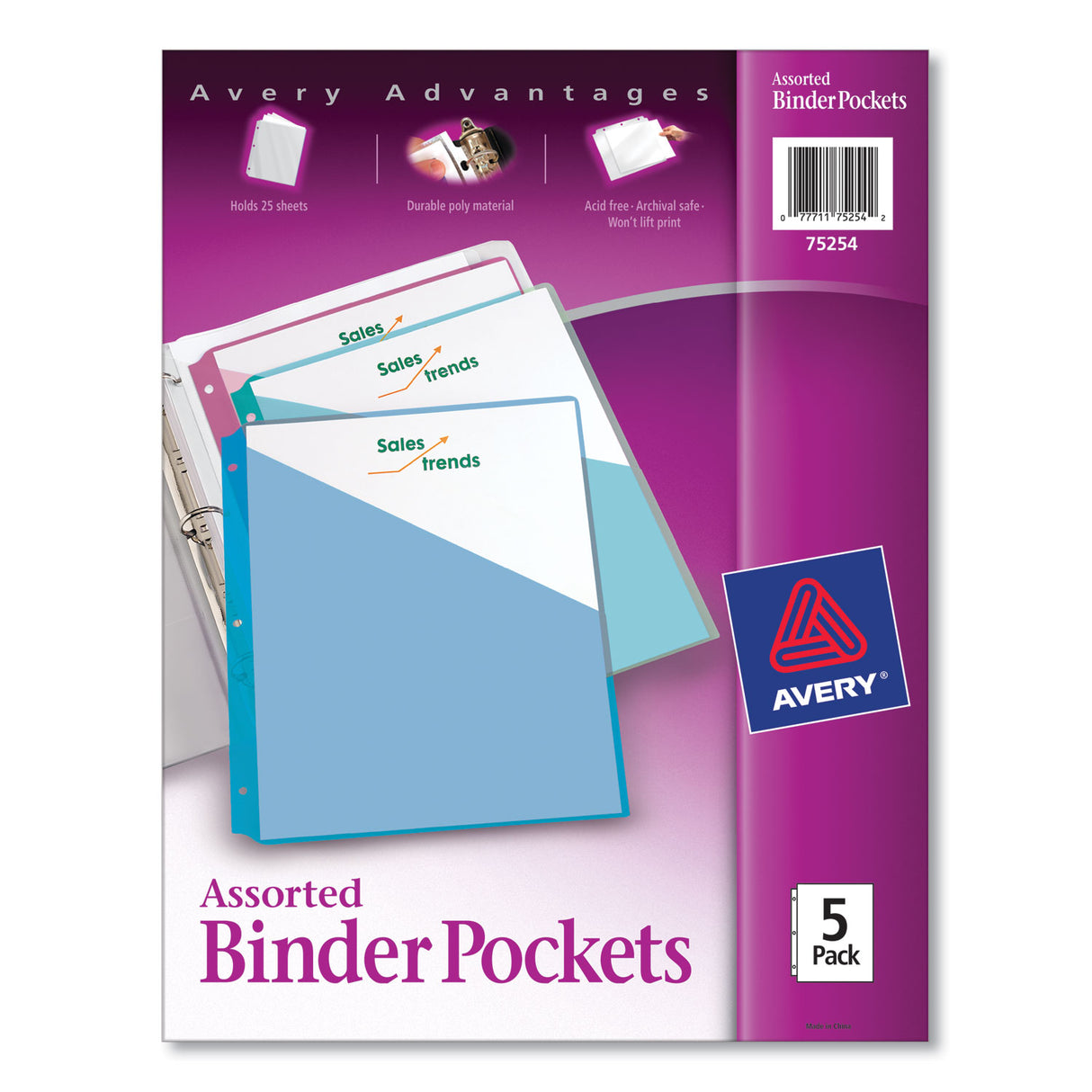 Avery Binder Pockets, 3-Hole Punched, 9.25 x 11, Assorted Colors, 5/Pack (75254)