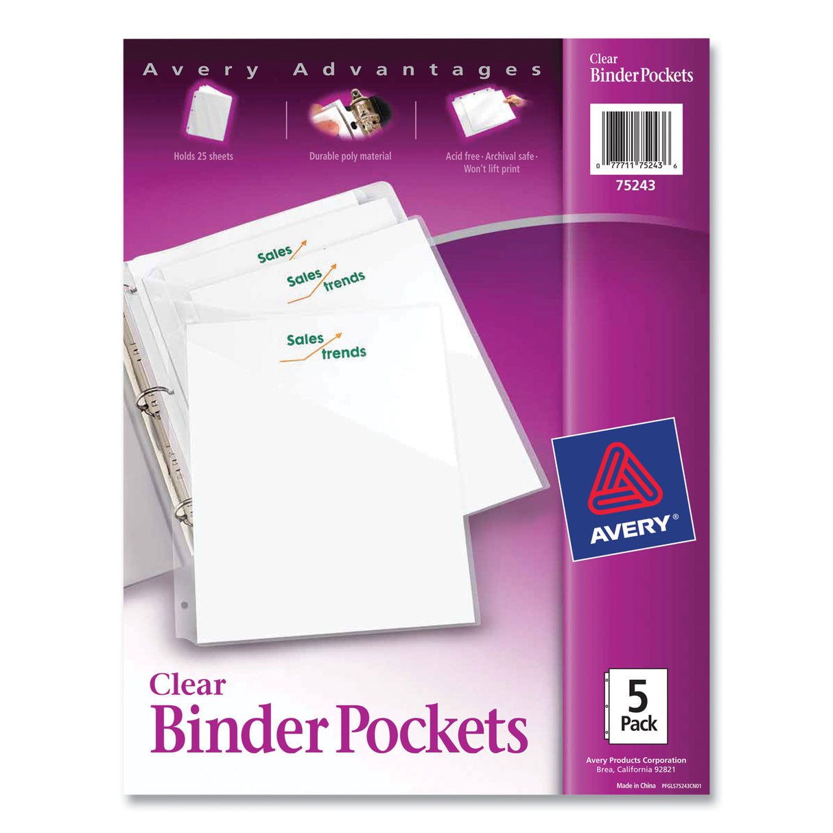 Avery Binder Pockets, 3-Hole Punched, 9.25 x 11, Clear, 5/Pack (75243)