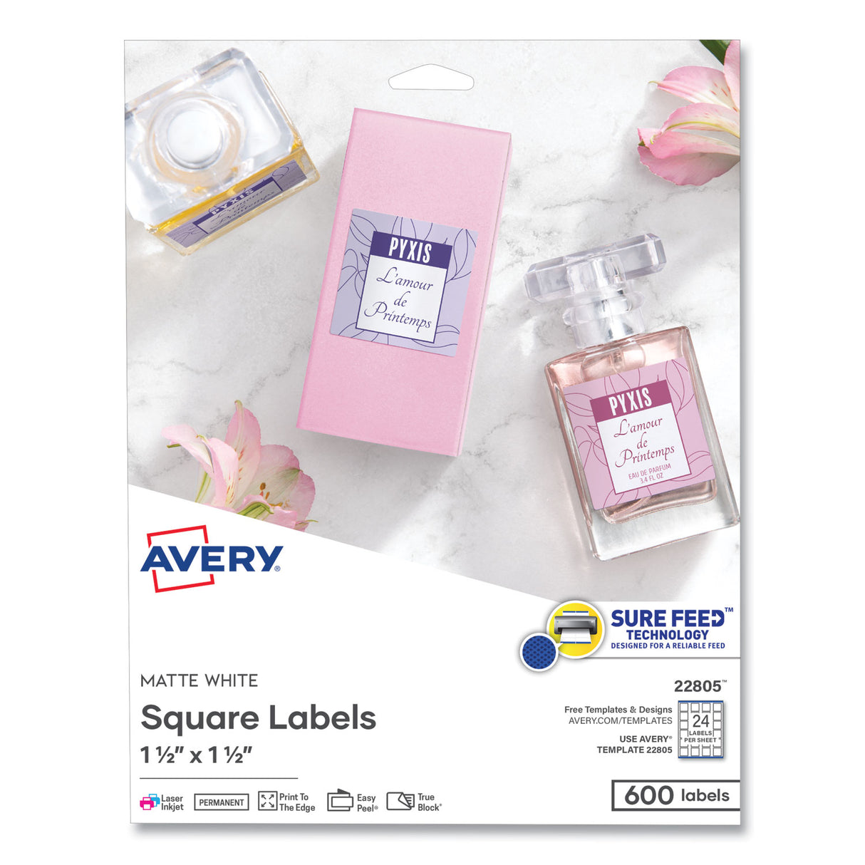 Avery Square Labels with Sure Feed and TrueBlock, 1.5 x 1.5, White, 600/Pack (22805)
