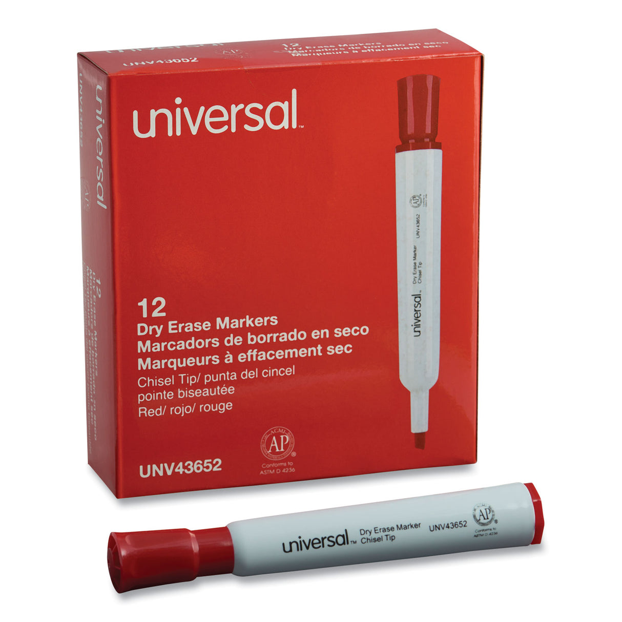 Universal Dry Erase Marker, Broad Chisel Tip, Red, Dozen (UNV43652)