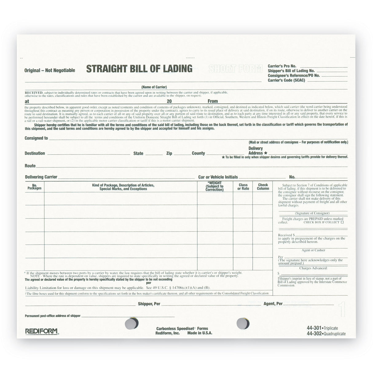 Rediform Snap-A-Way Bill of Lading, Short Form, Three-Part Carbonless, 7 x 8.5, 250 Forms Total (44301)