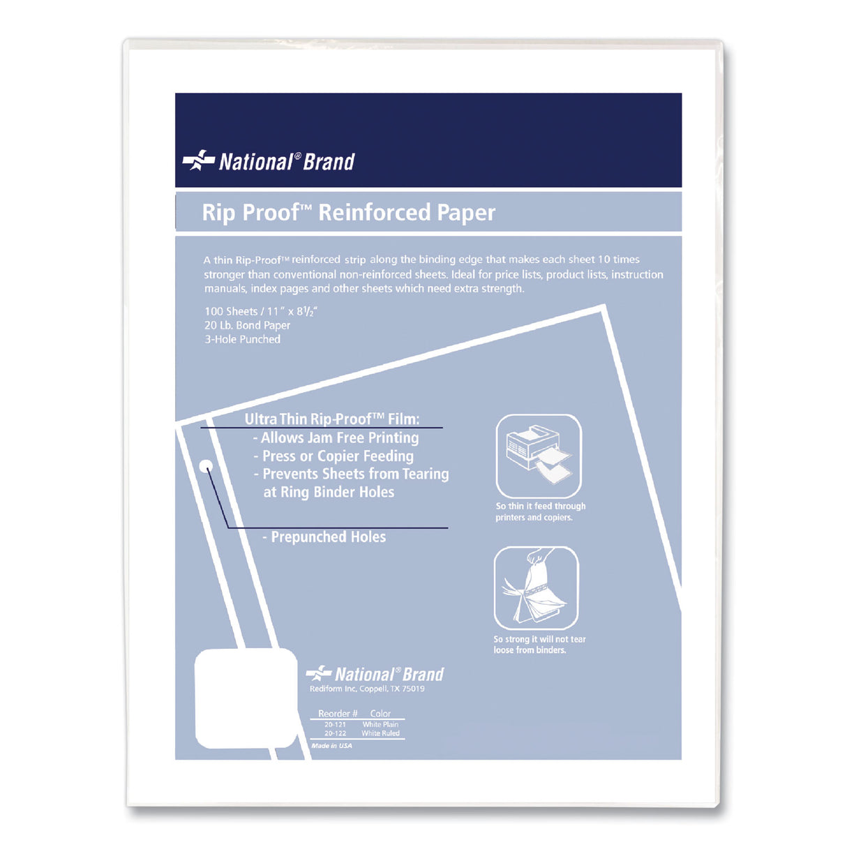 National Paper Rip Proof Reinforced Filler Paper, 3-Hole, 8.5 x 11, Unruled, 100/Pack (20121)