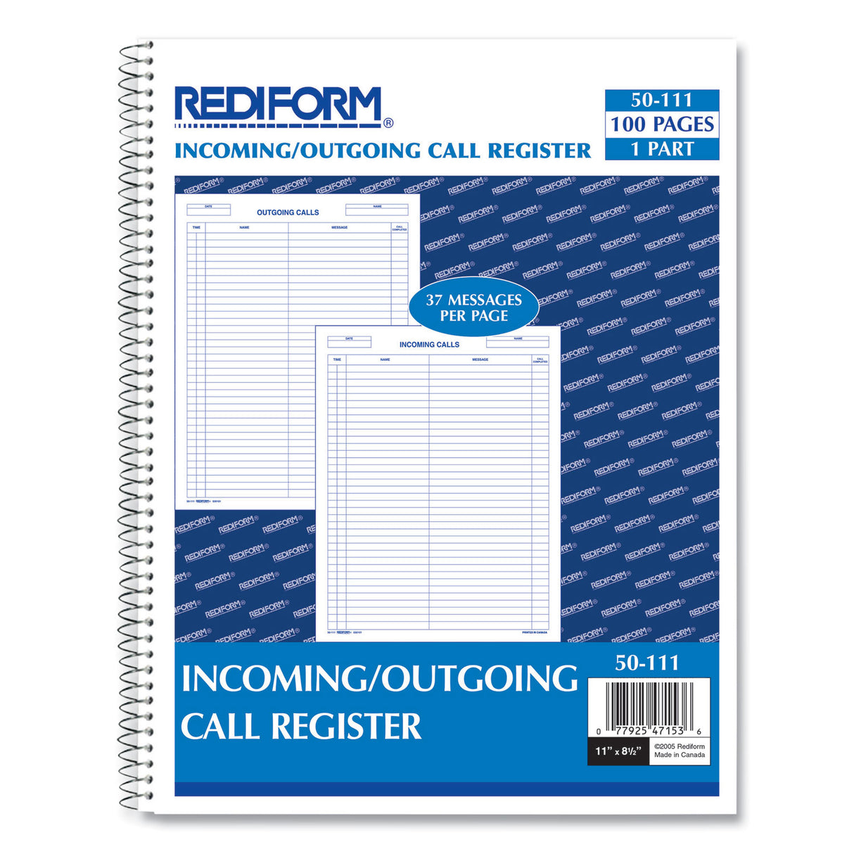 Rediform Wirebound Call Register, One-Part (No Copies), 11 x 8.5, 100 Forms Total (50111)