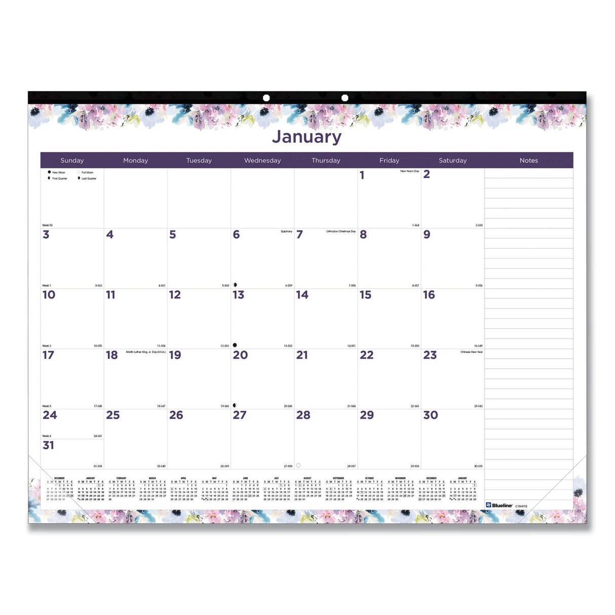 Blueline Passion Monthly Deskpad Calendar, Floral Artwork, 22 x 17, White/Multicolor Sheets, Black Binding, 12-Month (Jan-Dec): 2025 (C194113)