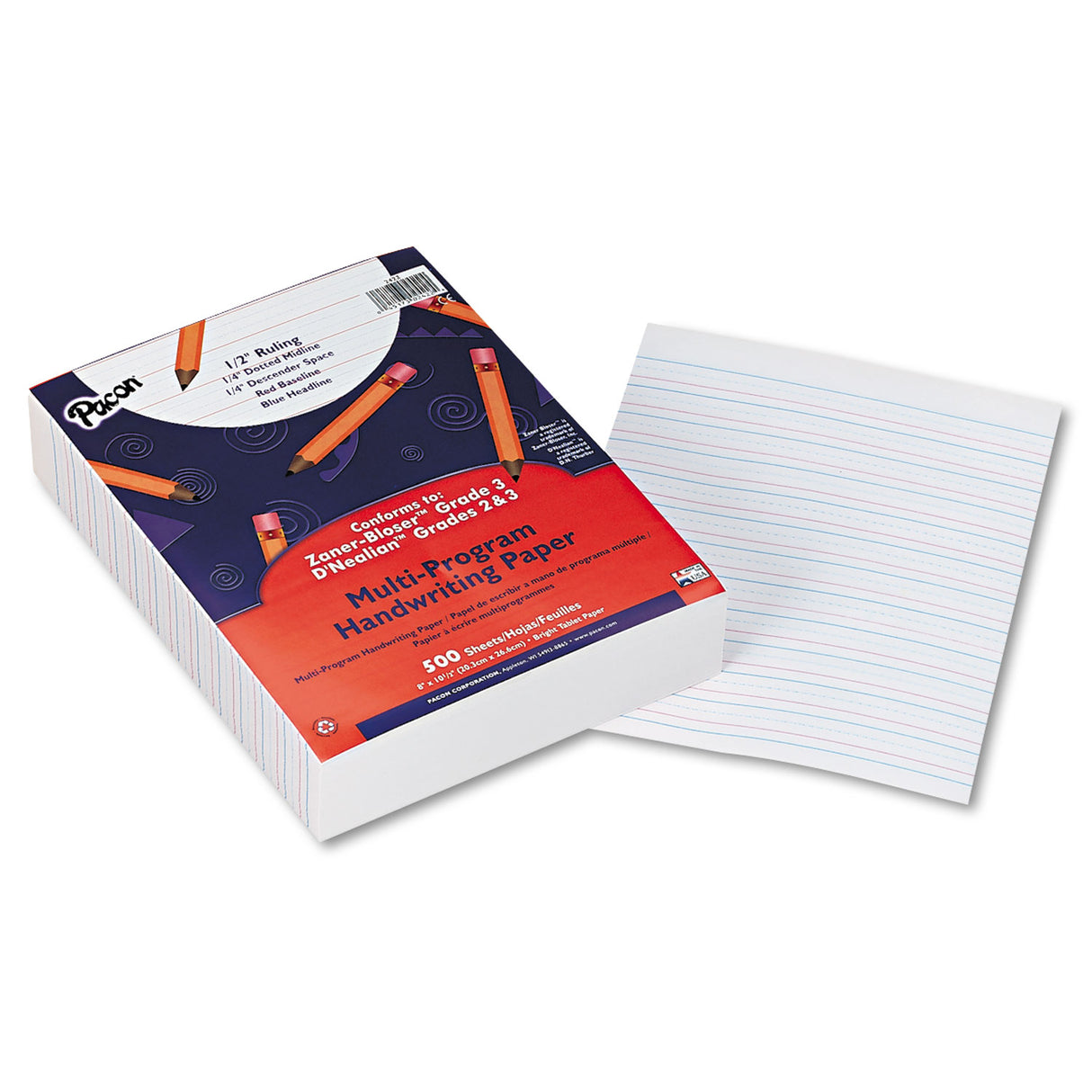 Pacon Multi-Program Handwriting Paper, 16 lb, 1/2" Short Rule, One-Sided, 8 x 10.5, 500/Pack (2422)