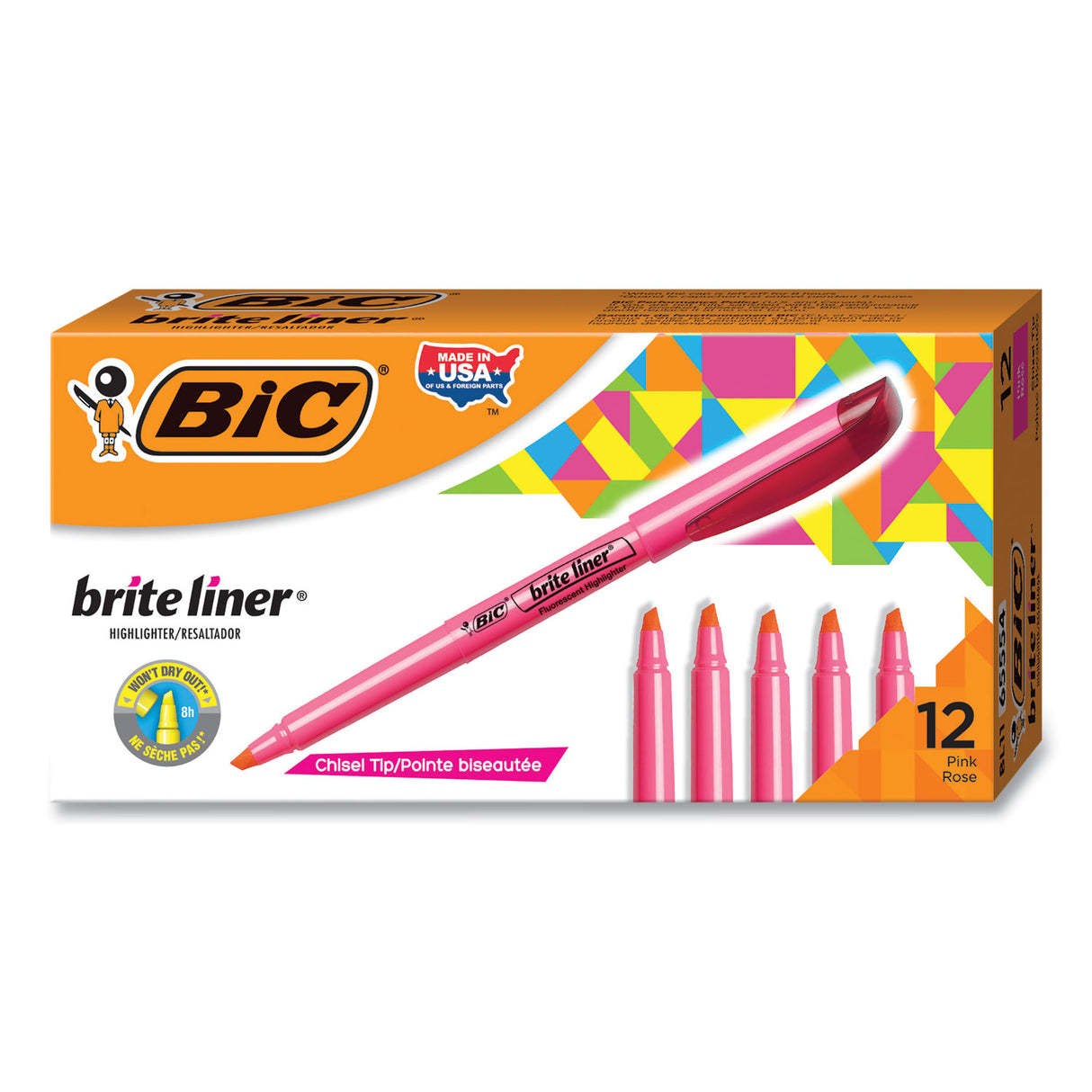 BIC Brite Liner Highlighter, Fluorescent Pink Ink, Chisel Tip, Pink/Black Barrel, Dozen (BL11PK)