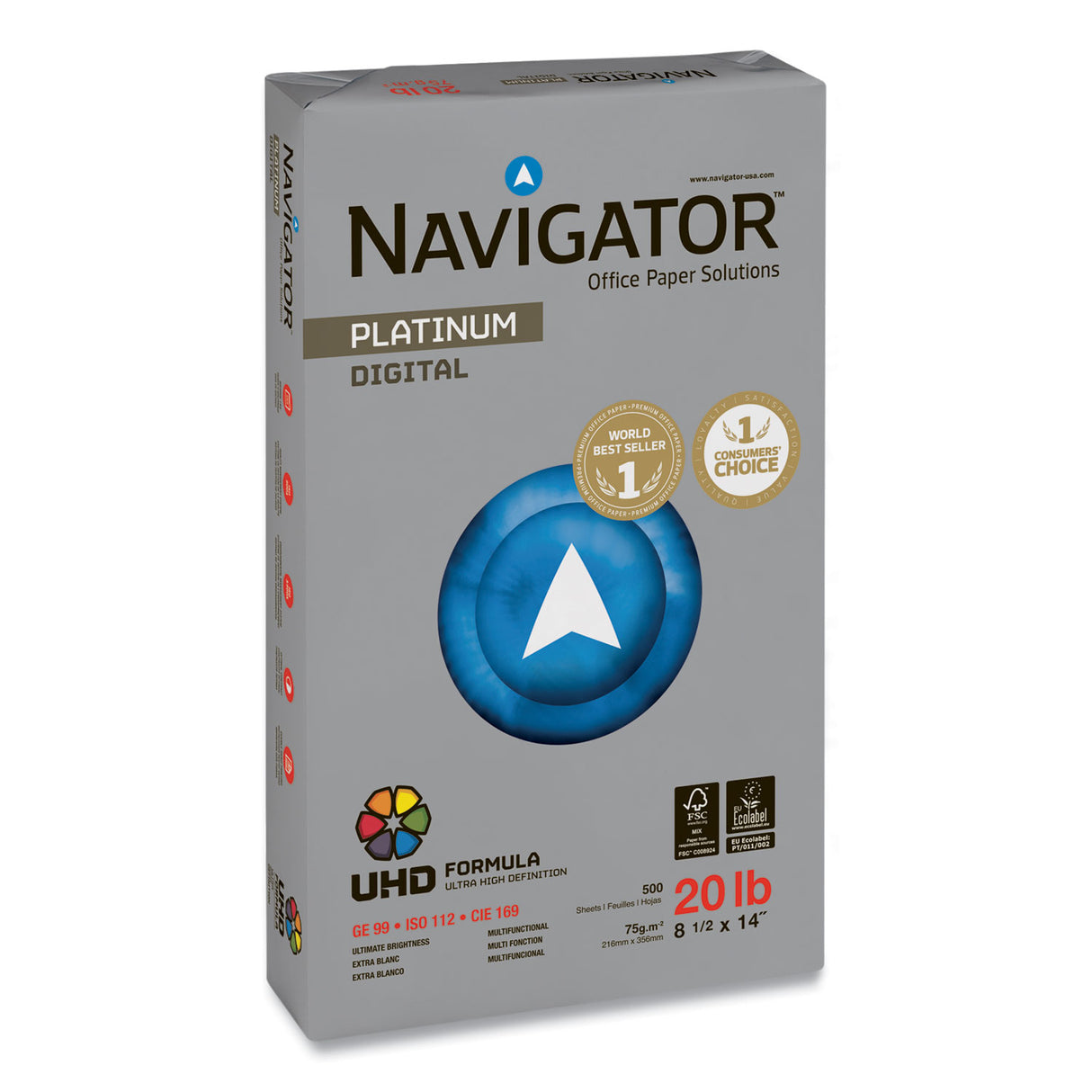 Navigator Platinum Paper, 99 Bright, 20 lb Bond Weight, 8.5 x 14, White, 500 Sheets/Ream, 10 Reams/Carton (NPL1420)