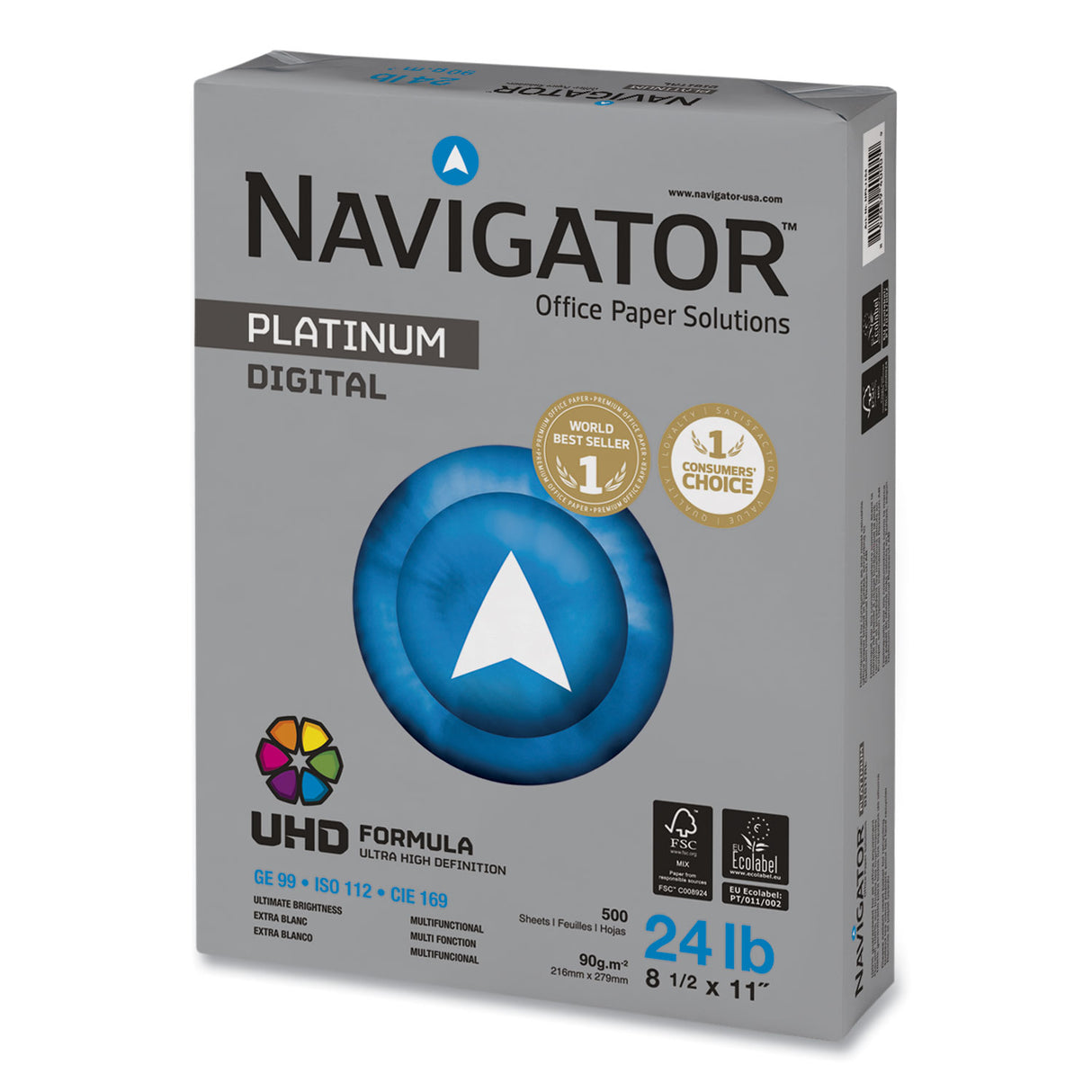 Navigator Platinum Paper, 99 Bright, 24 lb Bond Weight, 8.5 x 11, White, 500 Sheets/Ream, 10 Reams/Carton (NPL1124)